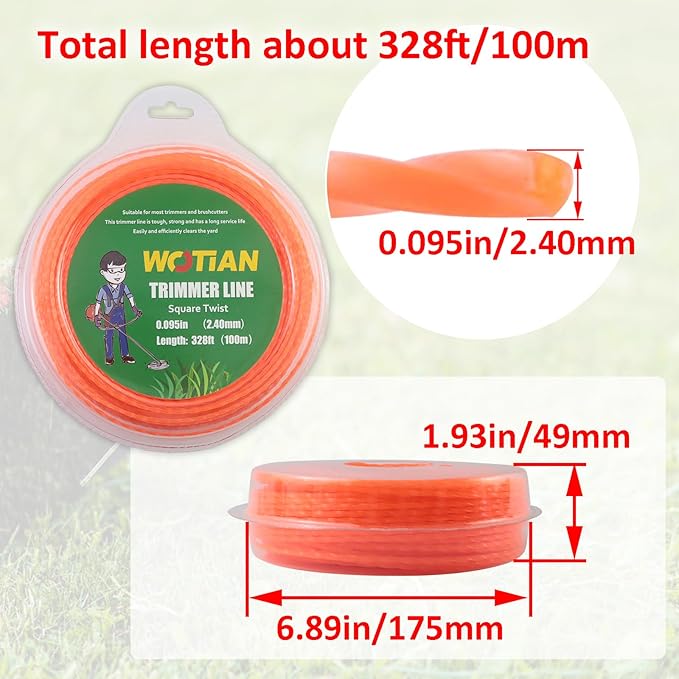 WOTIAN Weed Eater String 0.095 Inches Square Twisted Trimmer Line .095" 328ft Square Twist Weed Wacker String of Premium Nylon Compatible with Stihl Echo Grass Cordless Electric Trimmer,Orange