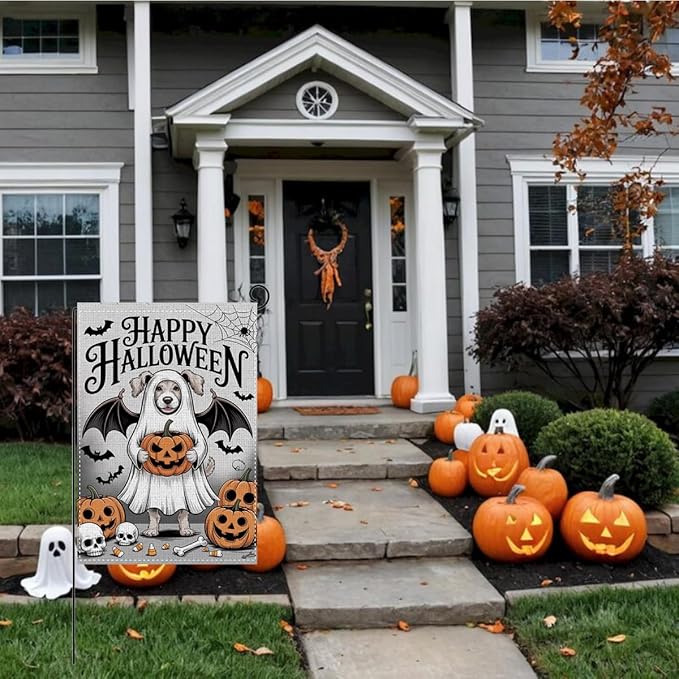 HTBIG Happy Halloween Garden Flag, Halloween Ghost Golden Retriever Dog Decor Flag, Yard Flags for Outside 12x18 inch, Outside Yard for Home Decorations