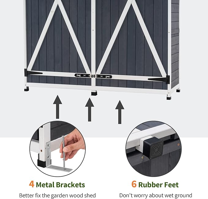 MCombo Outdoor Storage Cabinet with Shelves, Wood Garden Shed with Floor, Outside Tool Shed with 2 Lockable Doors for Backyard Patio Lawn, 1400 (Gray)