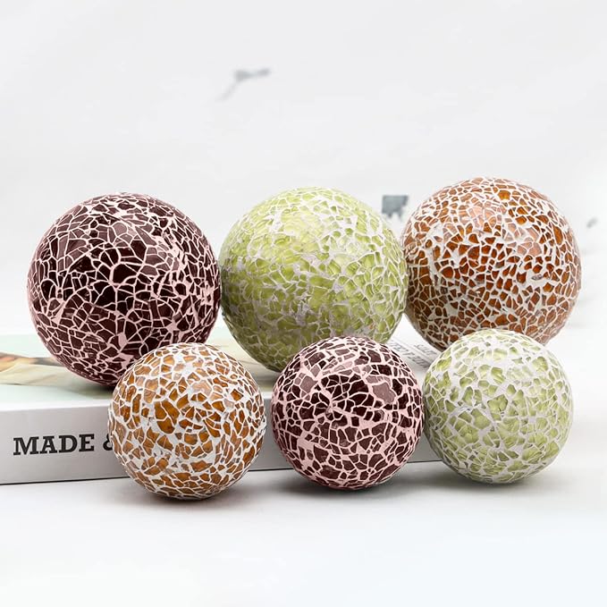 6 PCS 2.5inch Glass Mosaic Sphere Balls Round Christmas Table Bowls Vases Centerpieces Set Decorative Orbs Living Room Festival Table Party Wedding Dining Home Tray Solid