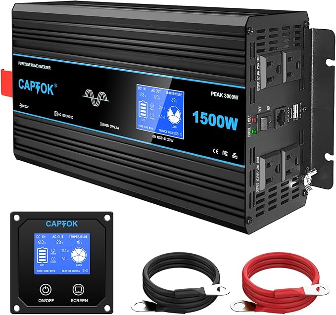 1500W Pure Sine Wave Inverter DC 12V AC 120V Double LCD Screen Remote Control Power Inverter 30W USB-C 4AC Outlets for RV, Home, Solar System