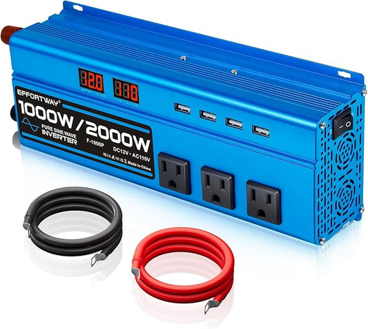 1000W Pure Sine Wave Inverter DC 12V to AC 110V/120V Converter 2000w (Peak) Car Power Converter with 3 AC Outlets, 4USB Port,Power Inverter for Car, Truck, Home, Vehicles, Laptop