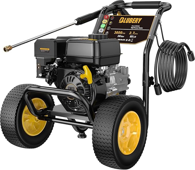 BLUBERY Gas Pressure Washer, 3600 PSI Pressure Washer，2.7 GPM Heavy Duty Power Washer, 30 feet Pressure Hose&Soap Tank,4-Stroke OHV 212cc Engine,Portable Industrial Style,Black
