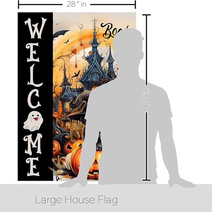 DECORLUXES Halloween House Flag 28x40 Double Sided, Welcome Cat Halloween Large Garden Flags Garden Outside Decor, Yard Flag Decorations (House + Garden flag)