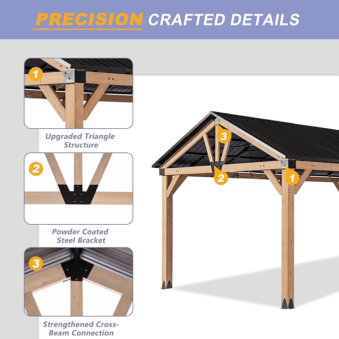 CHARMELEON Wood Gazebo 10x12 FT – Hardtop Metal Roof Patio Cedar Gazebo with Wood Frame for Outdoor– Gable Roof Pavilion para Patio, Backyard, Deck, Lawn and Garden