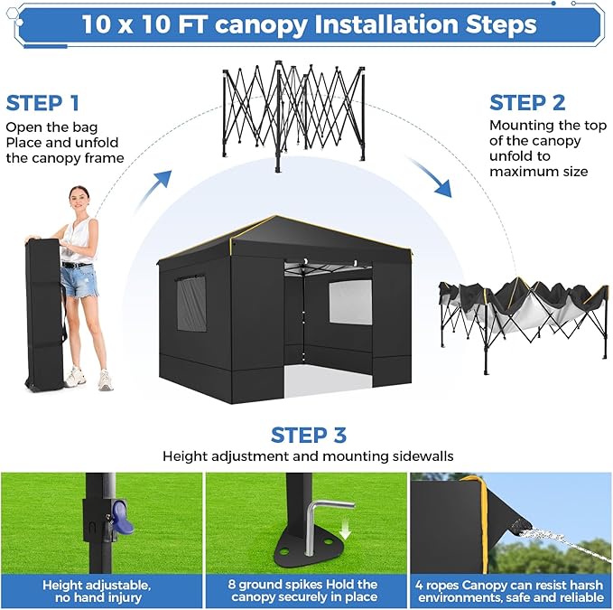 COBIZI Canopy Tent, 10x10 Pop Up Canopy Tent with Sidewalls and Roll-up Ventilated Windows with Mosquito net, Ez Outdoor Commercial Instant Gazebo Tent for Party Waterproof with Carrybag