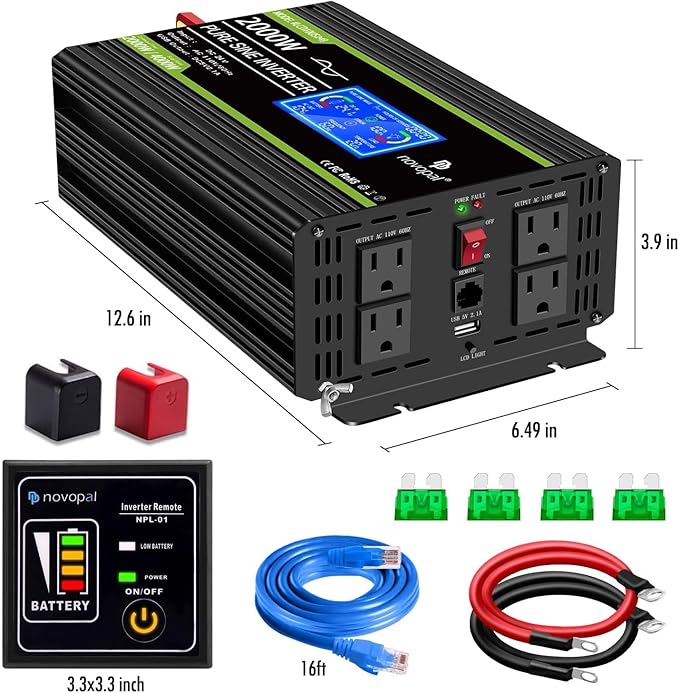 Novopal 2000 Watts Pure Sine Wave Inverter 24V DC to 120V AC Converter for Truck,Home, RV, Off-Grid Power Inverter 24V to 110V with LCD Display, Remote Controller Black