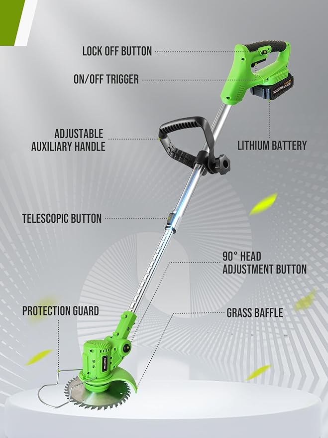 Cordless Weed Wacker, 21V Electric Weed Eater Battery Powered, 3 in 1 Grass Trimmer Cordless with 2 Batteries & Metal Blade, Electric Weed Trimmer/Lawn Edger/Brush Cutter for Yard Garden