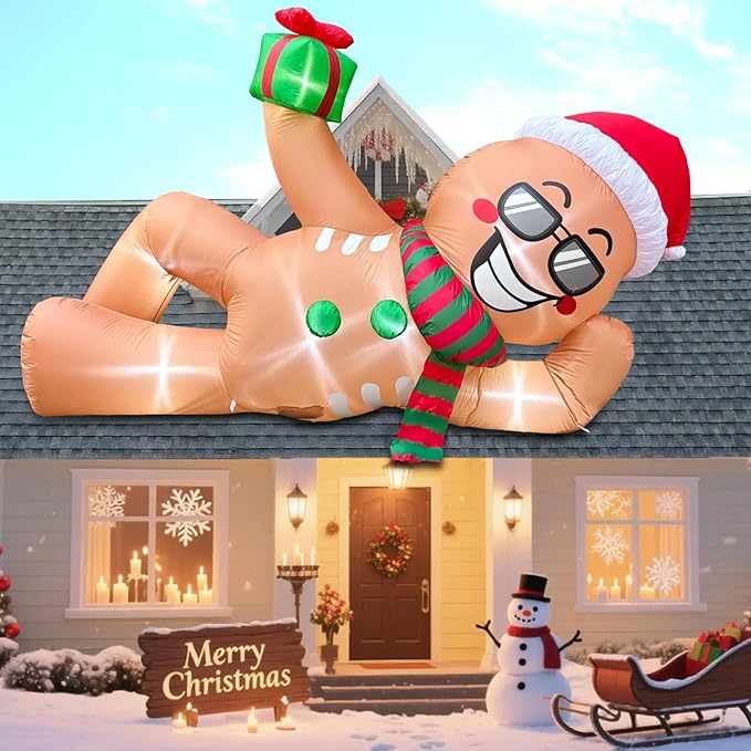 9.2 FT Inflatables Lying Gingerbread Man Outdoor Decorations, Blow Up Giant Inflatables Sleeping Gingerbread Man with LED Lights for Eaves Roof Lawn Xmas Winter Party Holiday Indoor & Outdoor Decor