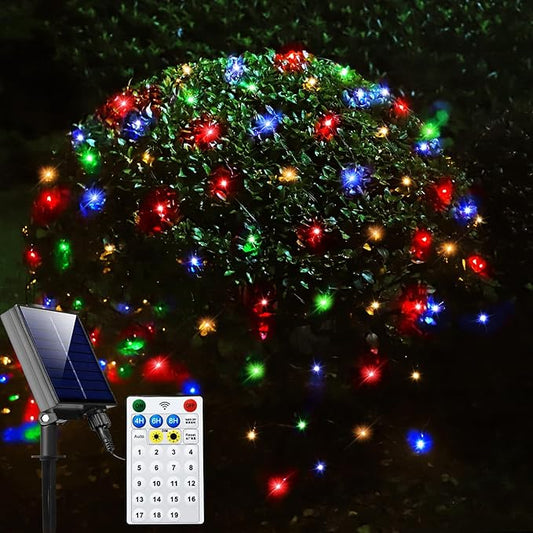 Solar Net Lights Outdoor Mesh Lights Christmas Decorations, 200LED String Tree Wrap Waterproof 19 Modes for Bushes, Fence,Garden, Shrubs,Trunk, Halloween,Xmas Decor (Multi-Colored, 9.8ft x 6.6ft)
