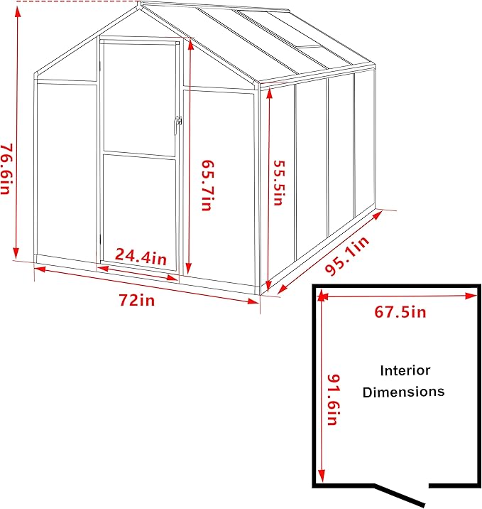 Mupater 6x8 FT Aluminum Frame Greenhouse, Heavy-Duty Polycarbonate Greenhouse with Lockable Door and Adjustable Roof Vent, Walk-in Green House Kit for Outdoors, Garden, Lawn, Backyard, Grey