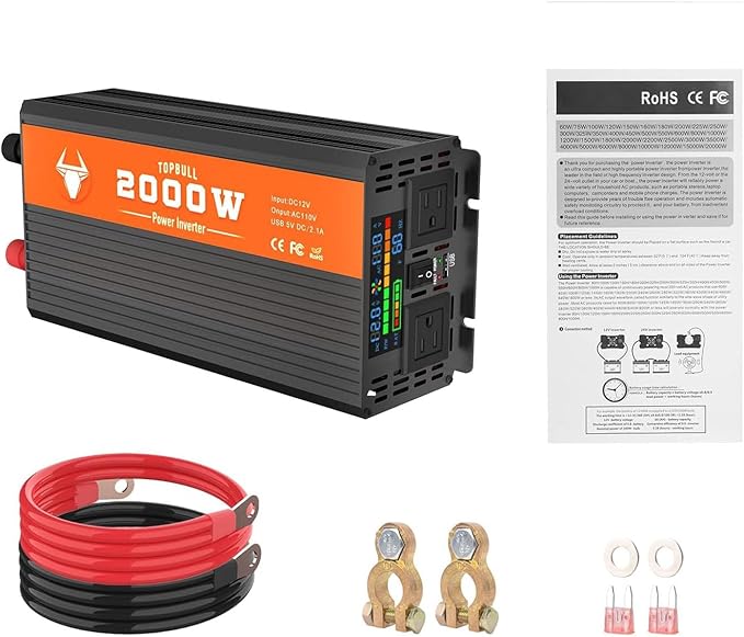 2000 Watt Power Inverter, Car/Outdoor 12V DC to 110V AC Converter, with LED Display, Dual AC Outlets, USB Port, Dual Smart Fans, Cables Included, Suitable for RV, Outdoor, Camping, Boat, Emergency