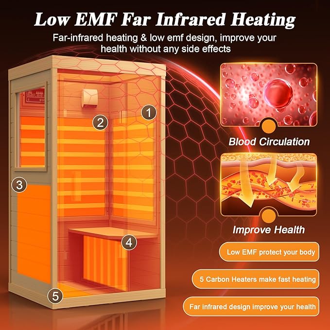 Upgraded 1 Person Sauna Infrared Sauna with Backrest, Hemlock Dry Sauna Indoor Wood Sauna for Home, 1062W 110V Low EMF Far Infrared Sauna with Integrated Speakers, Reading Lamp (Brown)