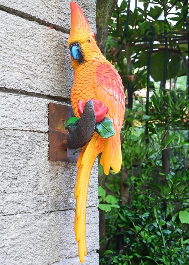 15" Real Bird Decor Statues,Garden Outdoor Animal Sculptures & Statues, Home Resin Parrots Tree Lawn Decor, Bird Figurine Art,Hanging Parrots Sculptures, Tropical Statues,Tiki Bar for Outside