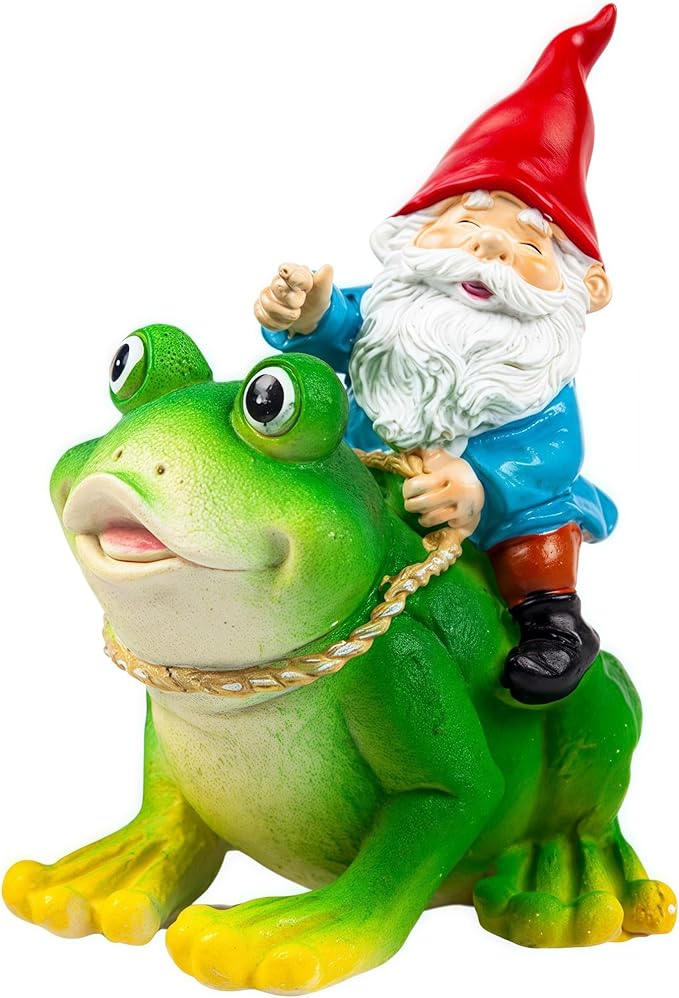 Gnome Riding on Frog Garden Statue Outdoor Garden Frog Statue for Yard Decoration Lawn Ornament Gardening Gifts for Women Mom Grandma