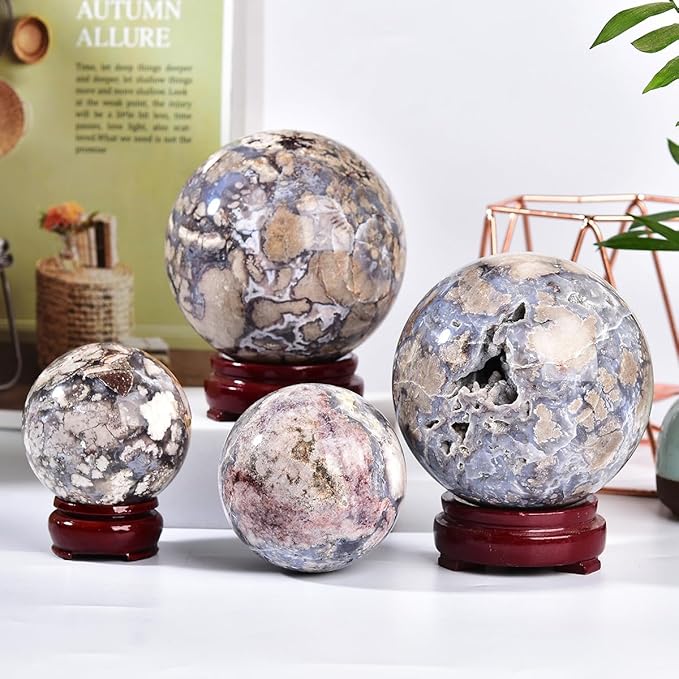 JIC Gem Large Blue Cherry Blossom Agate Crystal Ball with Stand Crystal Sphere Natural Sakura Flower Agate Stone Reiki Healing Meditation Witchcraft Home Decor 3.5-4 inch(90-100mm)