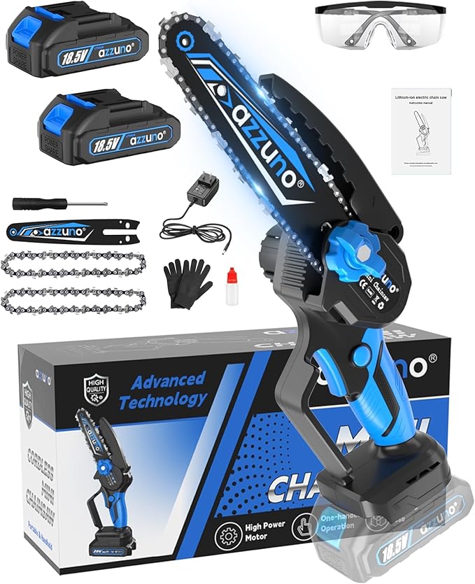 AZZUNO Mini Chainsaw, 6-Inch Electric Portable Chainsaw Cordless, Small Handheld Chain Saw with 2 Rechargeable Batteries & 2 Chains for Wood Cutting Tree Trimming DIY Projects Gardening Camping