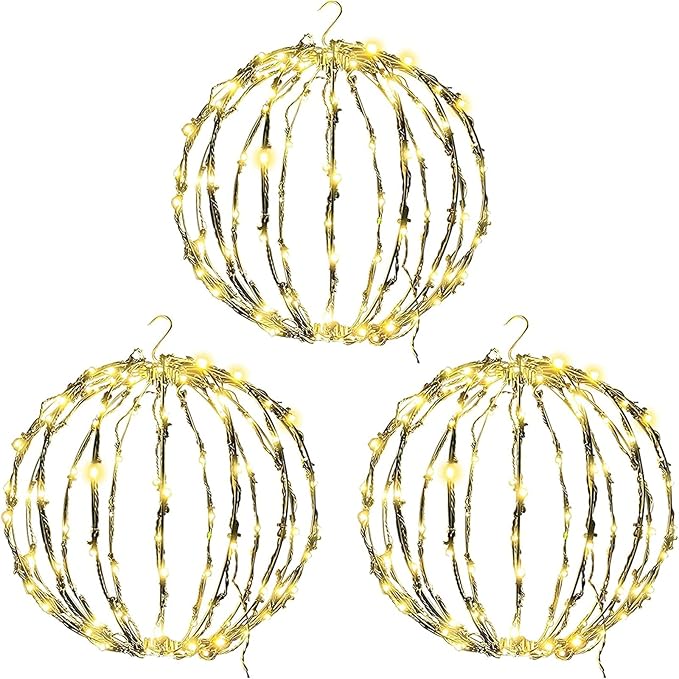 LED Light Balls Metal Hanging Tree Sphere Globe Light for Patio Holiday Festival Garden Decor (12 Inch 3 Pack)