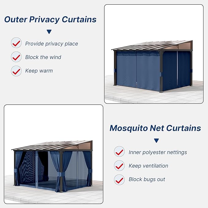 Gotland 10FTx14FT Outdoor Wall Mounted Hardtop Pergola, Metal Frame Gazebo with Sloping Sun Panel Roof and Double Curtains for Patio, Garden, Lawn, Navy