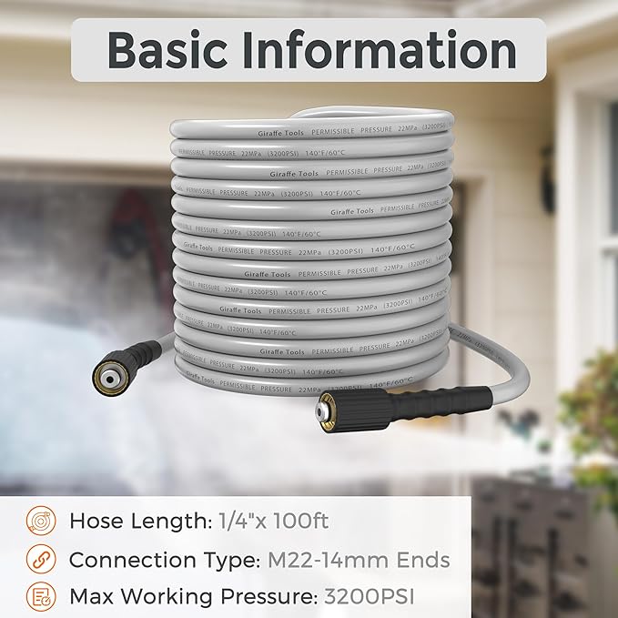 Giraffe Tools Pressure Washer Hose 100FT X 1/4", 3200 PSI Pressure Washing Hose, Kink Resistant, Heavy Duty Power Washer Hose, M22 to 3/8" Quick Connect Couplers for Replacement, 7 Accessories