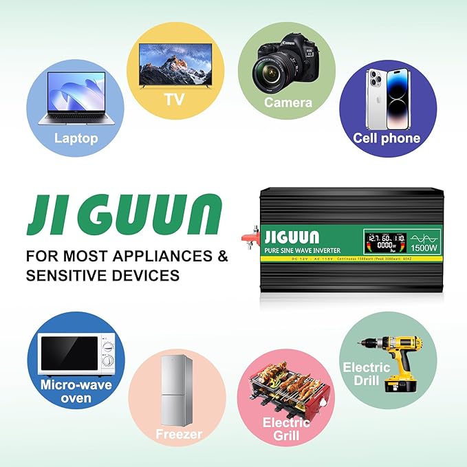 JIGUUN Pure sine Wave Inverter 1500W, 12V to 110V Power Inverter Converter with 4 AC sockets, USB Output and LED Display for RV Camping Emergency Household appliances (PRO1500WLCD)