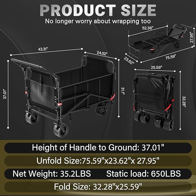 LEVELEVE Heavy Duty Folding Wagon - 2-in-1 Collapsible Cart, 650lb Capacity, All-Terrain Wheels w/Brakes & Side Pockets