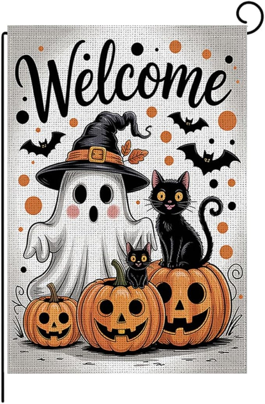 HTBIG Halloween Welcome Garden Flag, Halloween Ghost Pumpkin Black Cat Decor Flag, Yard Flags for Outside 12x18 inch, Outside Yard for Home Decorations