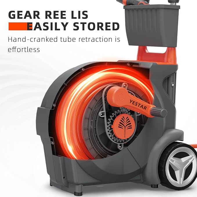 Hand-Crank Garden Hose Reel 5/8" x 100ft, Heavy Duty Garden Water Hose Reel, Removable, Any Length Lock, Hand Crank Effortless Rewind System, 4-Pattern Nozzle