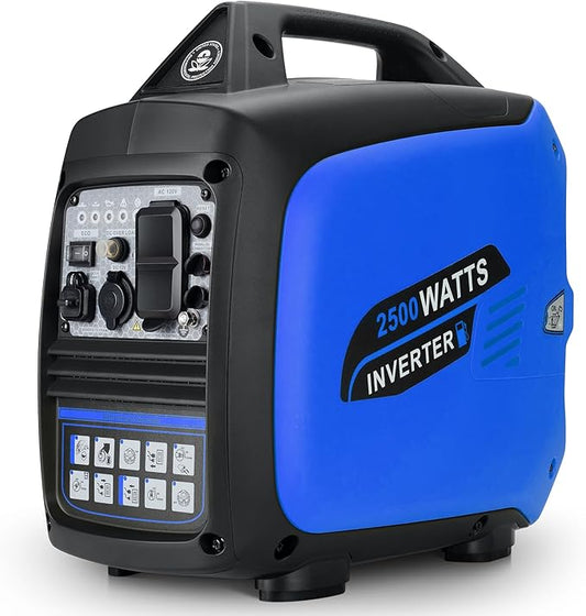 Portable Inverter Generator 2500W Gas Powered, Quiet Generators for Home Use, Camping, Emergency Home Backup, Parallel Ready, with CO Sensor and Fuel Gauge, EPA Compliant, Blue