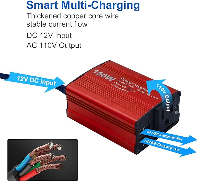150W Power Inverter 12V DC to 110V AC Car Laptop Charger Fast Charger Converter with 2 USB Ports Car Laptop Charger, Car Adapter for Plug Outlet