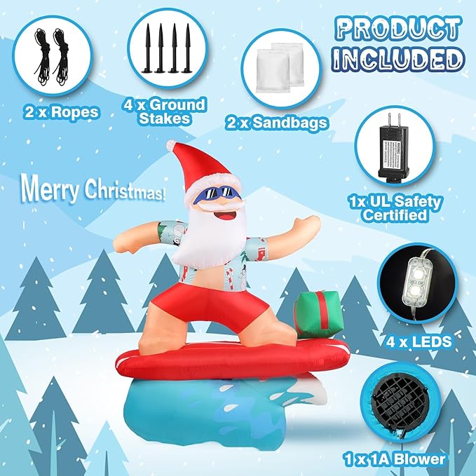Gardentime 6.5FT Christmas Santa Claus Inflatables Outdoor Decoration Surfing Santa Fun Hawaii Giant Xmas Blowups with Built-in LED Lights for Holiday Indoor Yard Lawn Garden Outside Home Decor