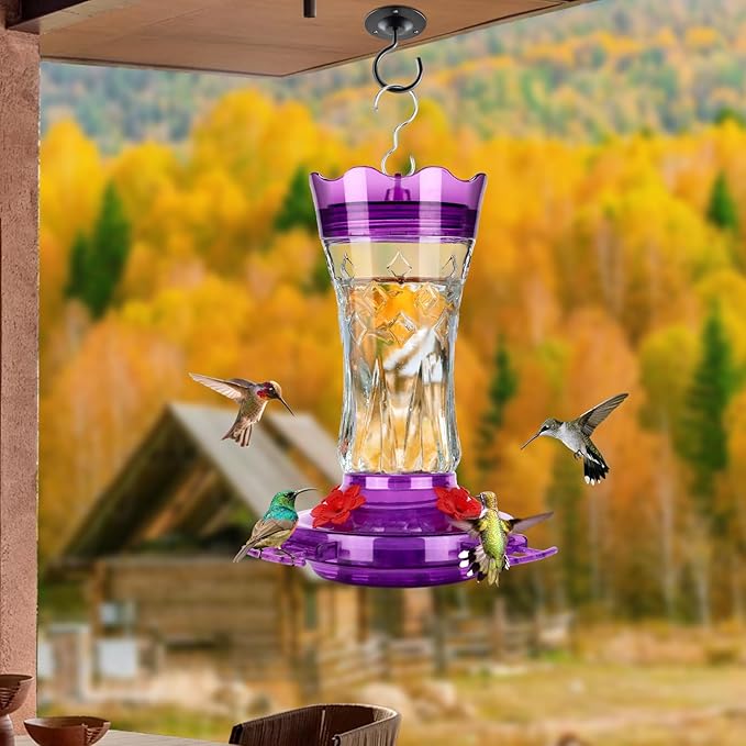 Hummingbird Feeders for Outdoors Hanging, BOLITE Glass Hummingbird Feeder, 4 Bee Guard Feeding Ports, Built-in Ant Moat, Leak Proof, 15 Ounces, Stars Decor, Purple, 2 Pack, Gifts for Women Men