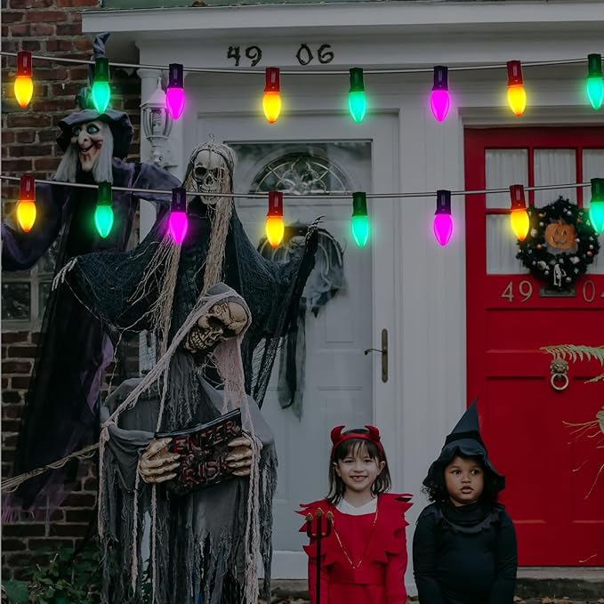 C7 LED Christmas Lights, 25FT String With 27 Orange Green and Purple Bulbs, Hanging Decoration for Outdoor Indoor Patio Home Party Garden Yard - Black Wire