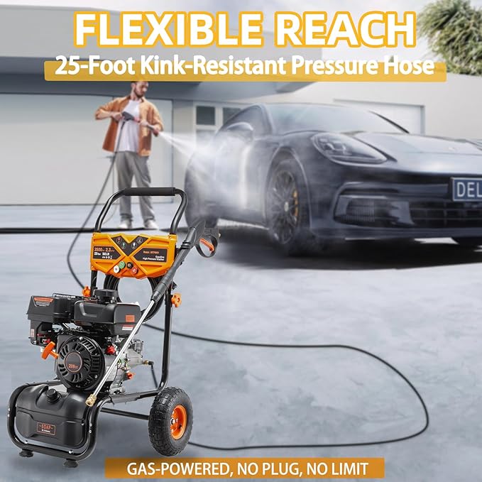 Gas Pressure Washer, 3500PSI Gas Power Washers 209CC 2.3GPM High Pressure Washers with 25FT Hose, 4 Quick-Connect Nozzles, Soap Tank, Axial Pump, Portable Pressure Washer Gas Powered for Car