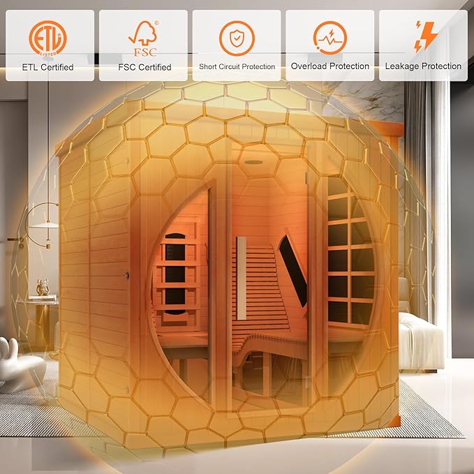 Infrared Wooden Sauna Room with Recliner, 2 Person Infrared Home Sauna, 220V，3400W, 5 Heating Tubes, 4 Carbon Crystal Heating Panel, Bluetooth Speakers, 7 Color Light, Oxygen Bar
