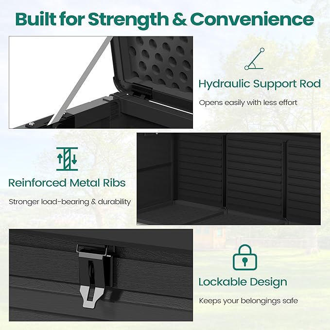 Resin Deck Box 130 Gallon, Lockable & Waterproof Outdoor Storage, UV-Resistant Patio Box for Cushions, Tools, and Outdoor Accessories (Black)