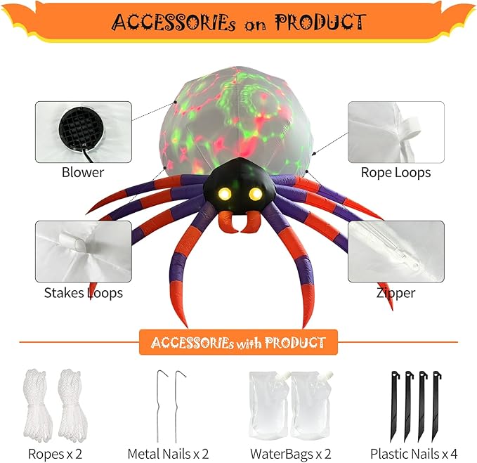 DomKom 8FT Halloween Inflatable Decorations Spider, Build-in Magic LED Lights Holiday Blow Up Yard Decoration for Halloween Holiday Party Outdoor,Garden Yard Lawn Decor