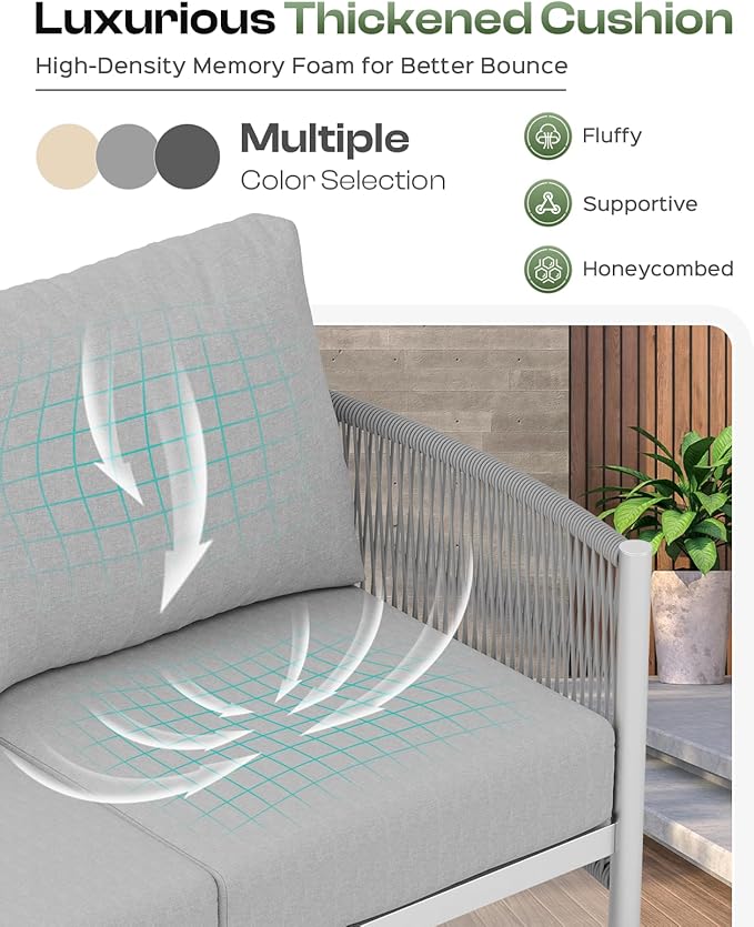 Aluminum Outdoor Patio Furniture Set, HDPE Rope 4 Piece Modern Sectional Conversation Sets with Dual-Layer Coffee Table, All Weather Patio Couch Set with Thick Cushions, Silver Frame, Silver