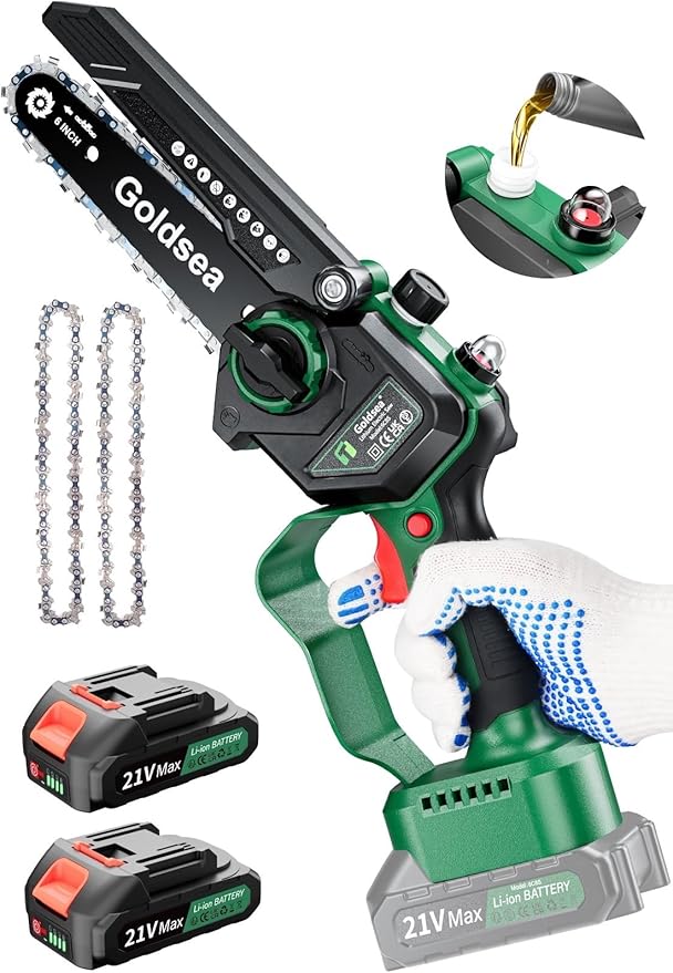 Cordless Mini Chainsaw 6 Inch, Goldsea Small Electric Chain Saws with 2 pack 2000mAh Batteries and Automatic Oiling System, Hand Saw Battery Powered Branch Cutter for Wood Cutting as Gifts for Men