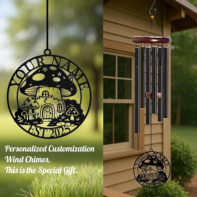 Personalized Customize Name Fantasy Mushroom Wonderland Wind Chime, Metal Iron 37 Inch Outdoor Memorial Gift for Garden Yard Patio Home Decor, Black (Style E)