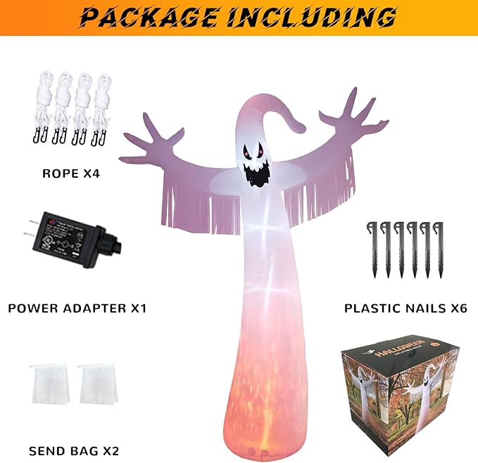 12FT Halloween Inflatables Outdoor Decorations: Inflatable Ghost with Fire Flame and Blinking Red Eyes, Blow up Decor for Yard Garden Lawn Home Holiday Party