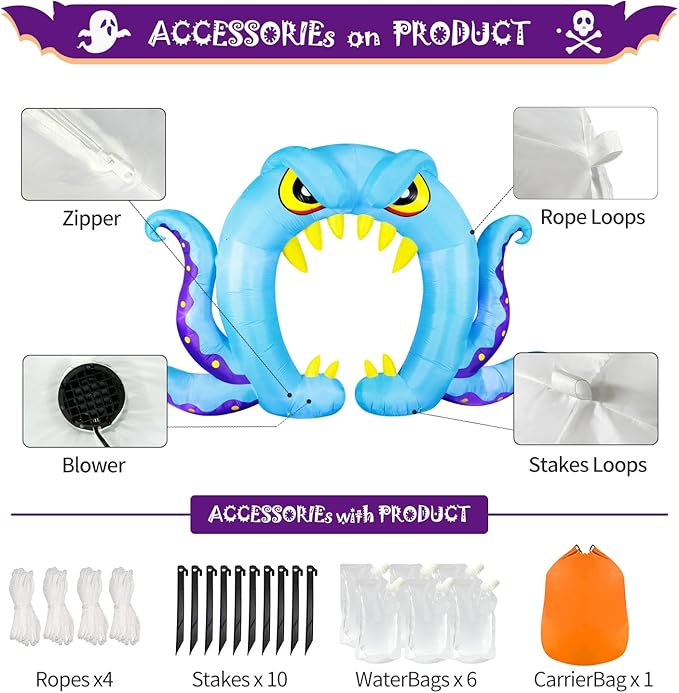 DomKom Halloween Inflatable Blow Up Decorations, 16FT Long 8FT Tall Blue Monster Octopus Archway, Built-in LEDs for Holiday Party, Garden, Lawn, Yard, Patio Décor