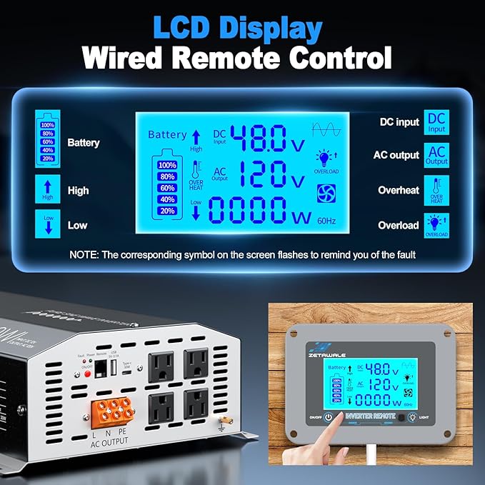 48V 2500 Watt Pure Sine Wave Inverter - 48V DC to 110V 120V AC Converter,5000W Peak Power Inverter with 4 AC Outlets,USB Port,Type-C,Remote Control LCD Display for Truck, RV, Vehicles, Solar Off-Grid