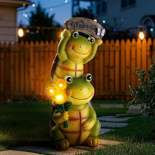 Garden Turtle Outdoor Statues, Solar Garden Statue Two Sweet Frog Face Turtles Decor with 3 LED Lights, for Patio Lawn Porch Yard,Gifts for Birthday, Easter, Housewarming