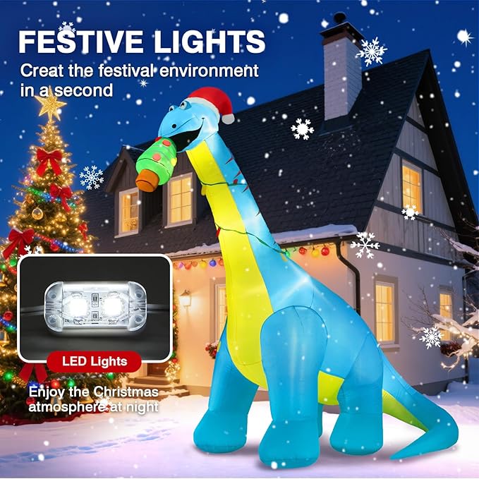 Christmas Inflatable Outdoor Decorations, 10FT Giant Inflatables Dinosaur Yard Decor with Hat & Christmas Tree, LED Lights Blow up Holiday Decorations for Indoor Outside Lawn Garden