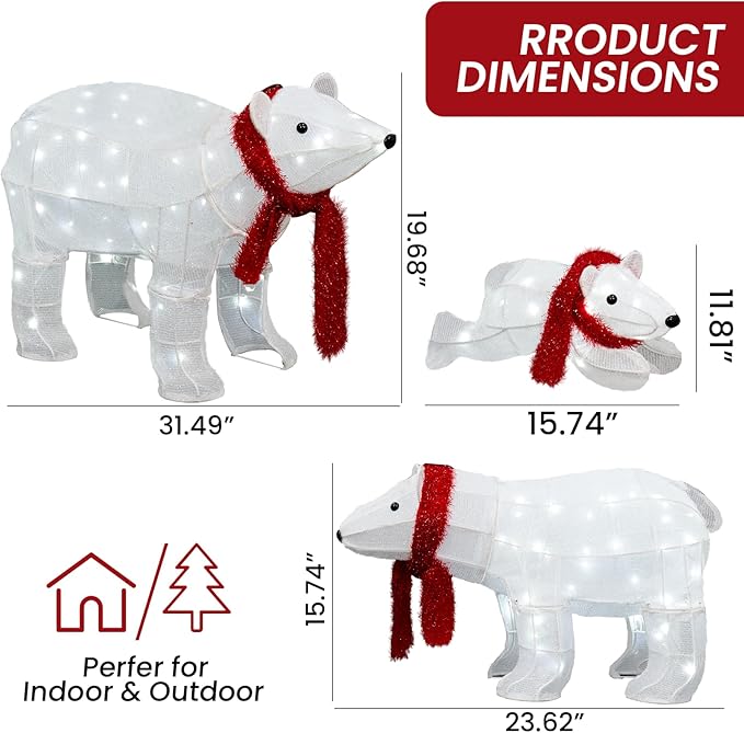 AWQM 3-Piece Lighted Polar Bear Family,Large Outdoor Indoor Christmas Decorations for Front Yard,Holiday Light Up Decorations w/ 210 LED Lights, Stakes, Zip Ties - White