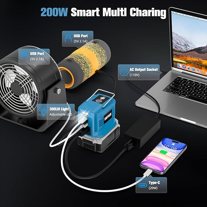 Power Inverter for Makita 18V Battery: Portable Power Supply Inverter Convert - 200W DC 18V to AC 110V~120V Battery Powered Outlet with 2 USB&AC&Type-C Phone Charger Power Station