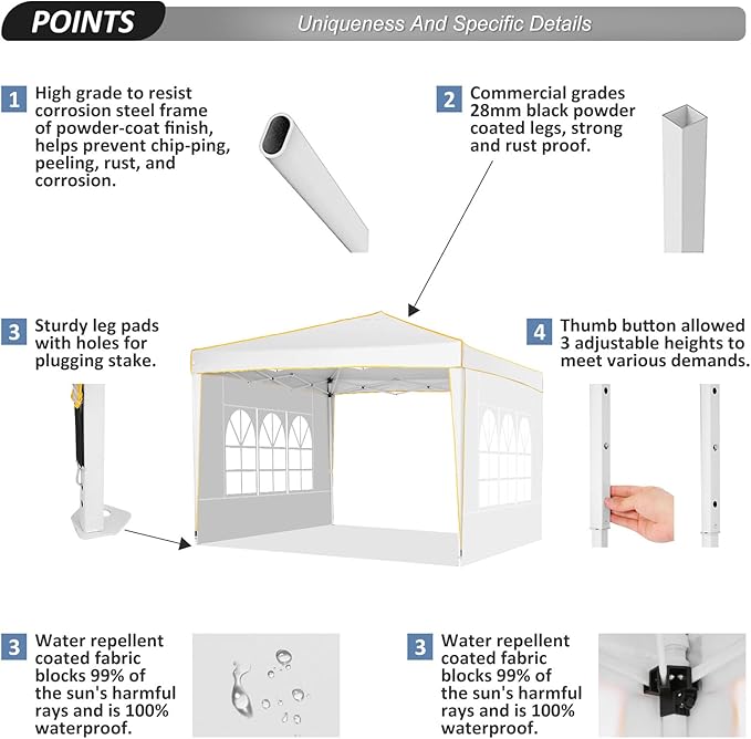 COBIZI 10x10 Pop Up Canopy, Party Tents for Parties Waterproof Outdoor Event Shelter with 4 Sidewalls and 4 Sandbags UV Protection 50+ Camping Commercial Wedding Portable Tent for Backyard, White