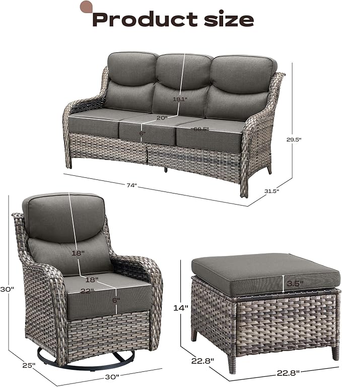 Rilyson Wicker Outdoor Patio Furniture Set - 7 Piece Patio Conversation Sets with Swivel Rocker Chairs, Ottomans and Sofa, 6 inch Cushions, Waterproof Wicker, for Porch Deck Mixed Grey/Grey