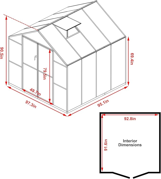MUPATER 8 x 8 FT Outdoor Polycarbonate Greenhouse Kit with Sliding Lockable Door, Walk-in Backyard Green House with Aluminum Frame & Adjustable Roof Vent for Outdoor, Gray